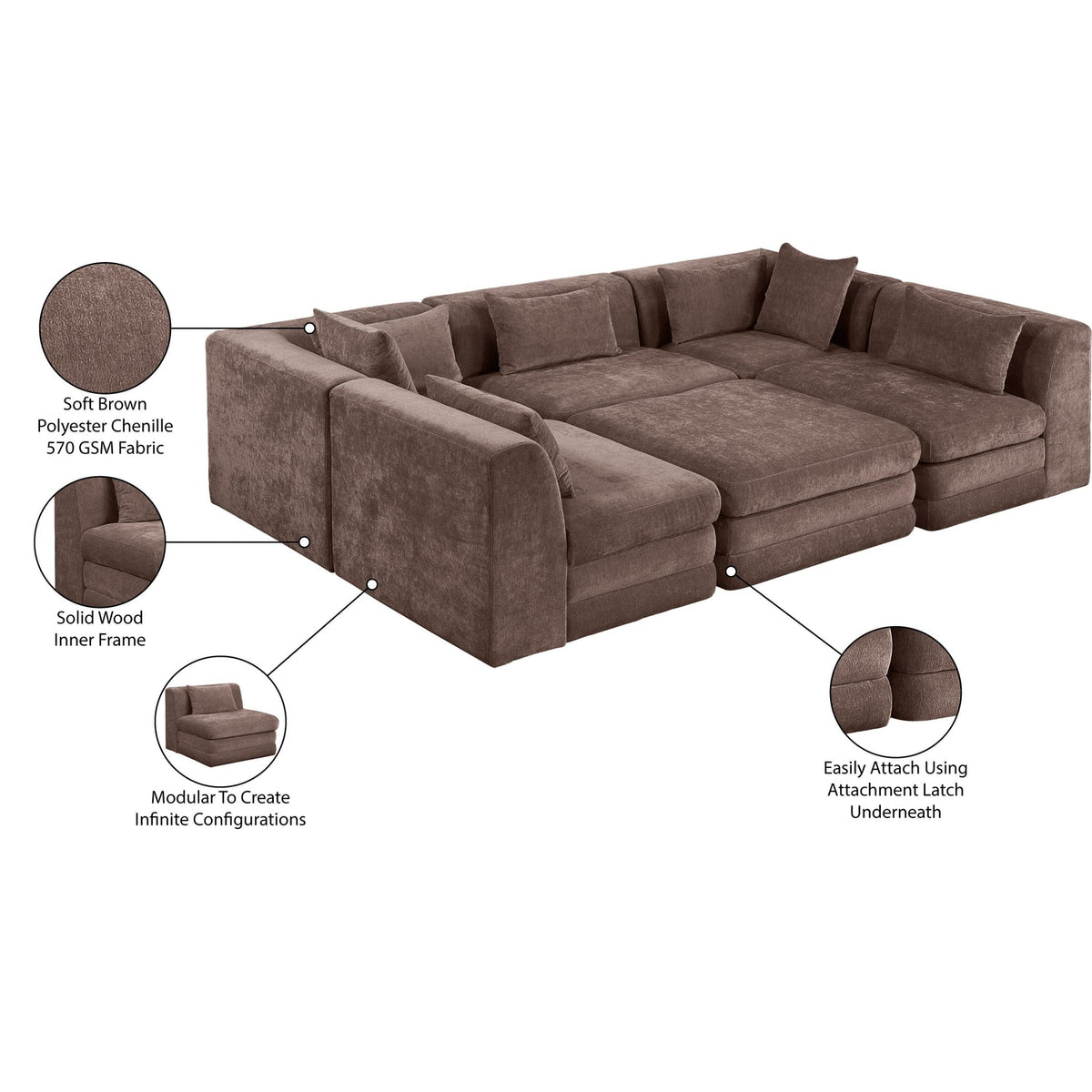 Stellar 114in Brown Chenille Fabric Upholstered 6 Piece Modular Sectional Sofa