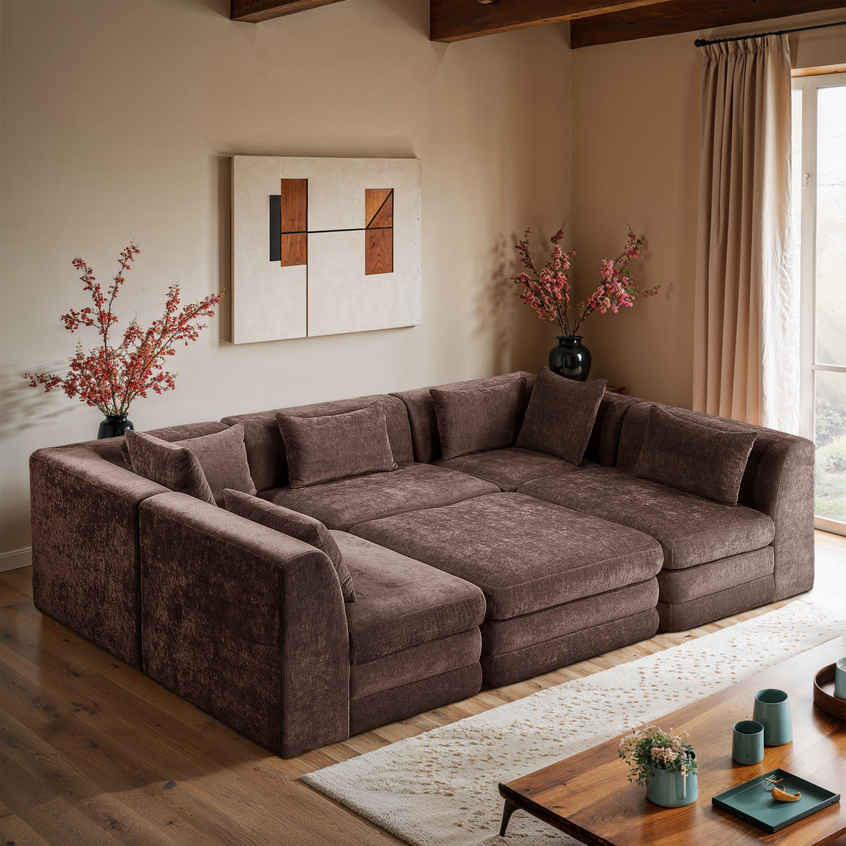 Stellar 114in Brown Chenille Fabric Upholstered 6 Piece Modular Sectional Sofa