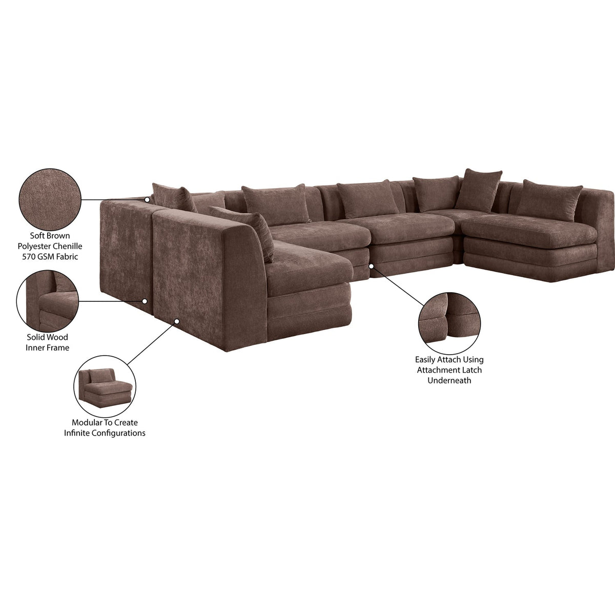 Stellar 152in Brown Chenille Fabric Upholstered 6 Piece Modular Sectional Sofa