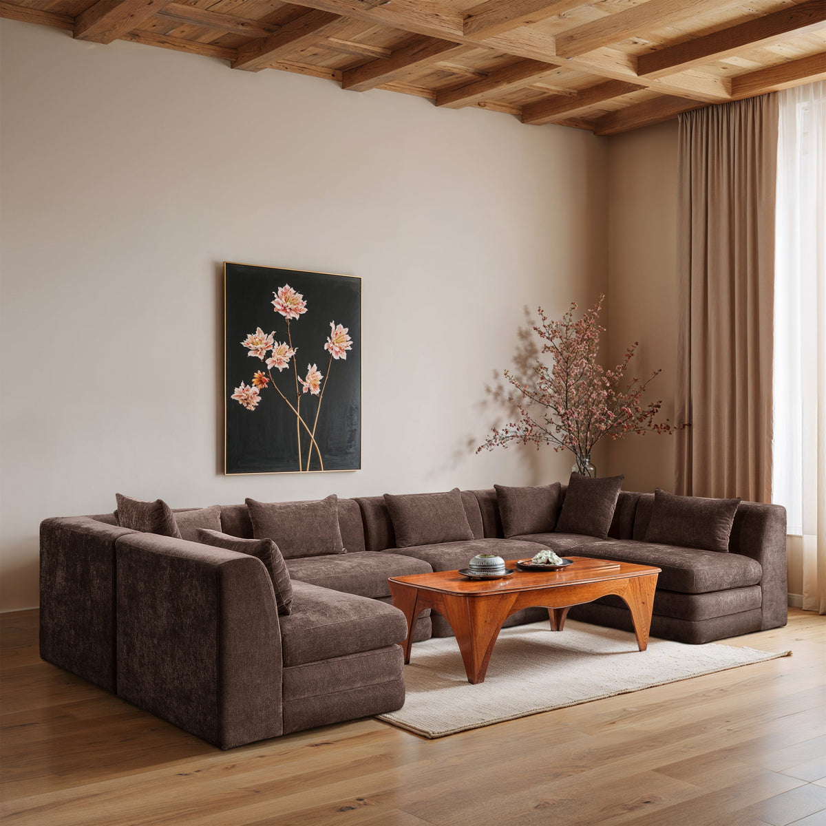 Stellar 152in Brown Chenille Fabric Upholstered 6 Piece Modular Sectional Sofa