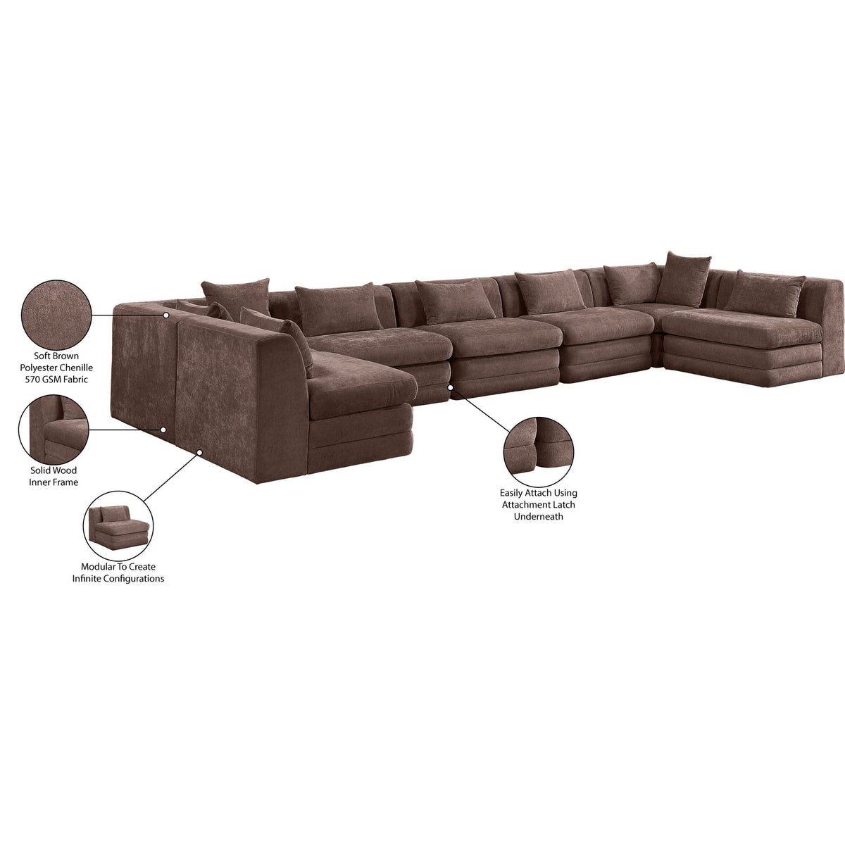 Stellar 190in Brown Chenille Fabric Upholstered 7 Piece Modular Sectional Sofa