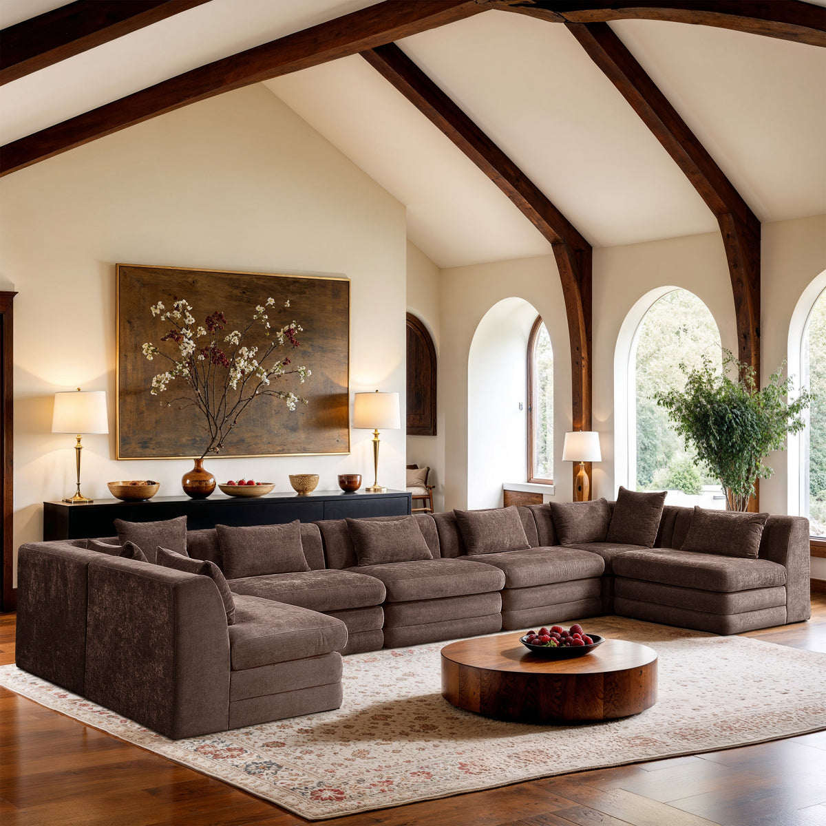 Stellar 190in Brown Chenille Fabric Upholstered 7 Piece Modular Sectional Sofa