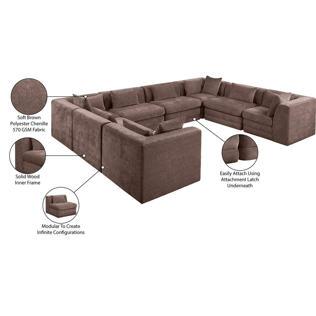 Stellar 152in Brown Chenille Fabric Upholstered 8 Piece Modular Sectional Sofa