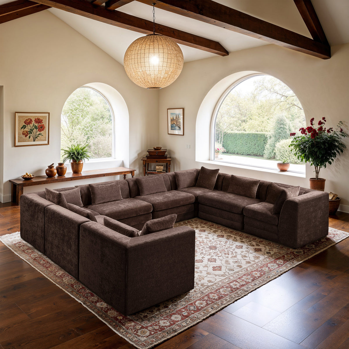 Stellar 152in Brown Chenille Fabric Upholstered 8 Piece Modular Sectional Sofa
