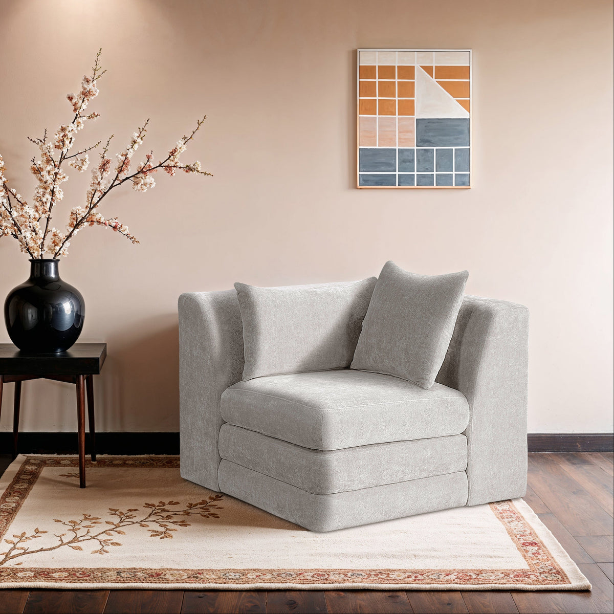 Stellar Cream Chenille Fabric Upholstered Modular Corner Chair