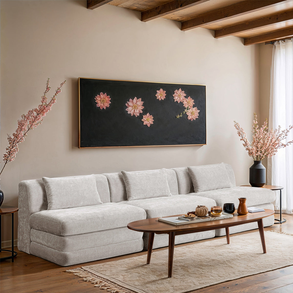 Stellar 114in Cream Chenille Fabric Upholstered 3 Piece Modular Sofa
