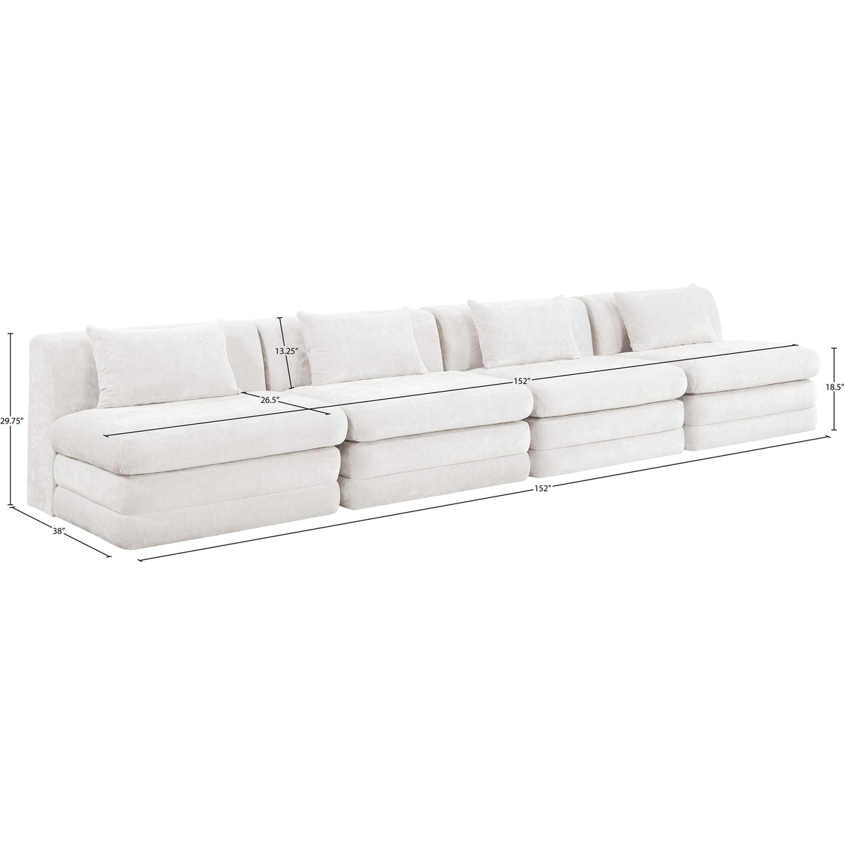 Stellar 152in Cream Chenille Fabric Upholstered 4 Piece Modular Sofa