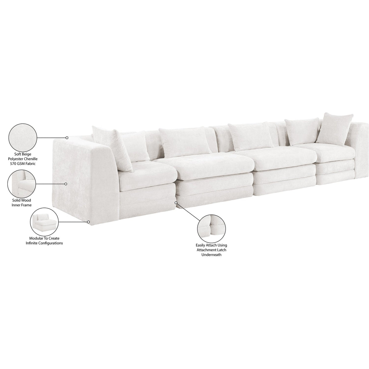 Stellar 152in Cream Chenille Fabric Upholstered 4 Piece Modular Sofa