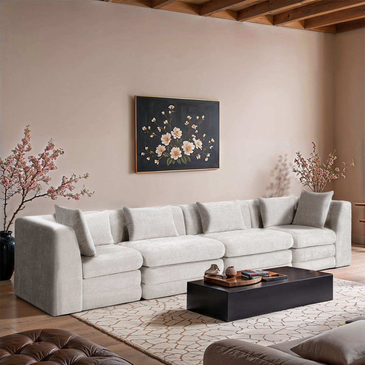 Stellar 152in Cream Chenille Fabric Upholstered 4 Piece Modular Sofa
