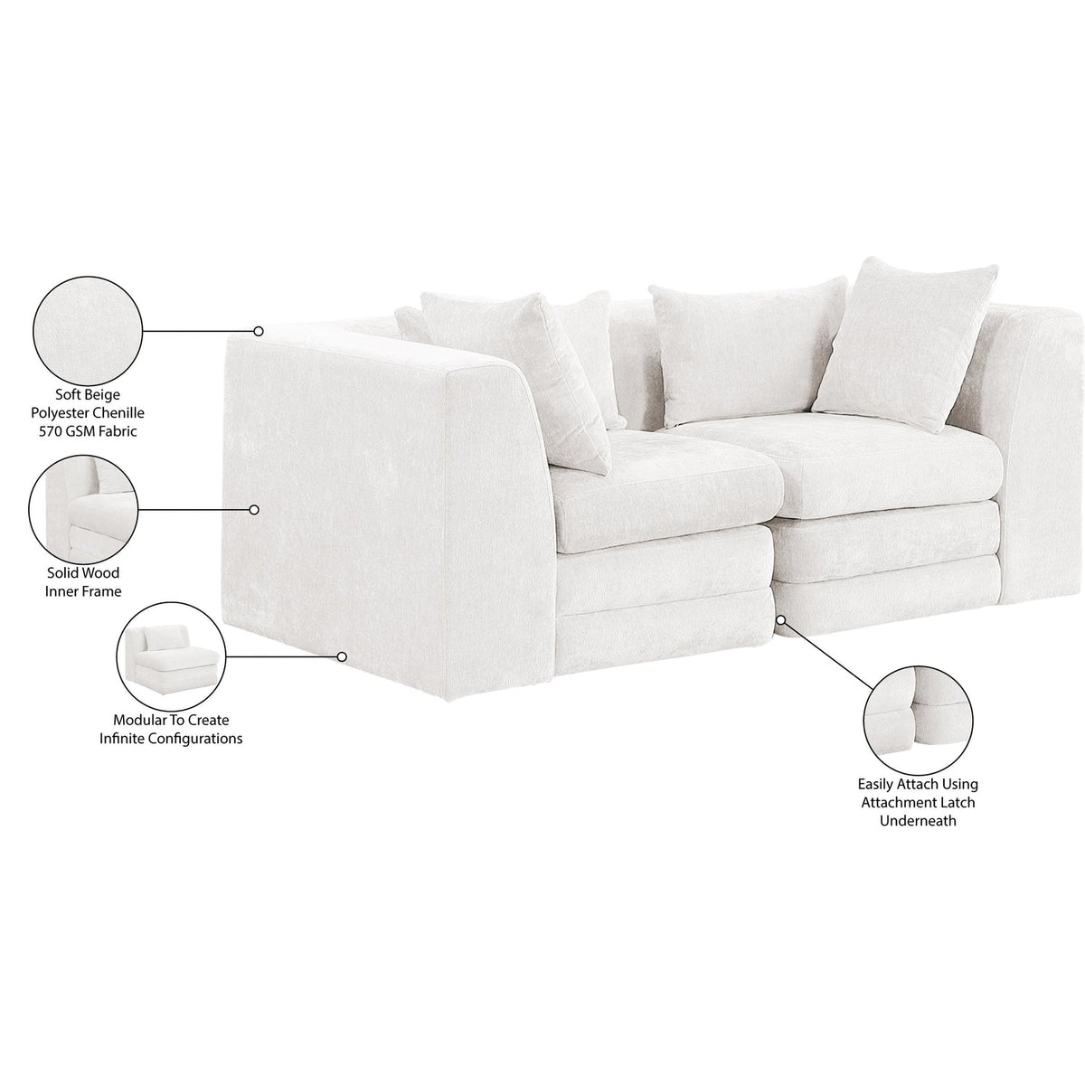 Stellar 76in Cream Chenille Fabric Upholstered 2 Piece Modular Sofa