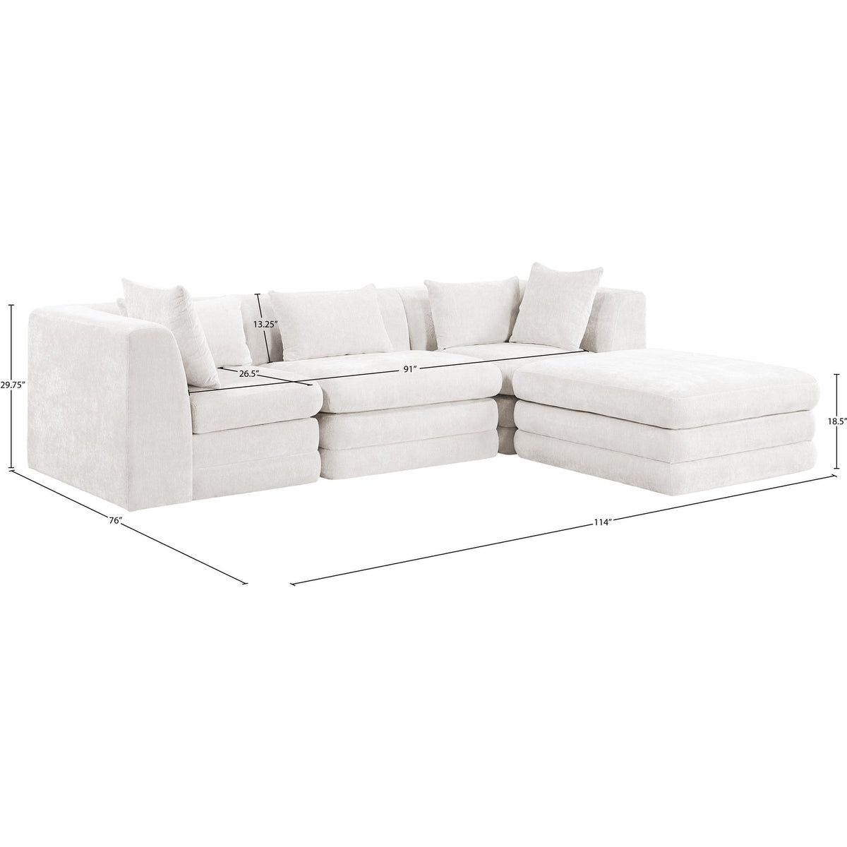 Stellar 114in Cream Chenille Fabric Upholstered 4 Piece Modular Sectional Sofa