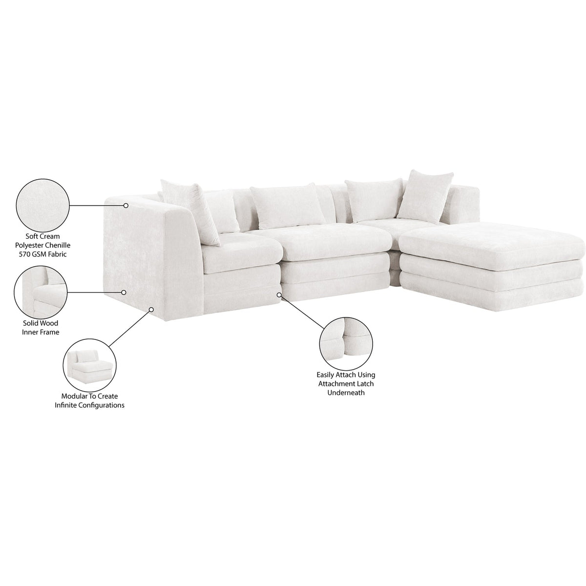 Stellar 114in Cream Chenille Fabric Upholstered 4 Piece Modular Sectional Sofa