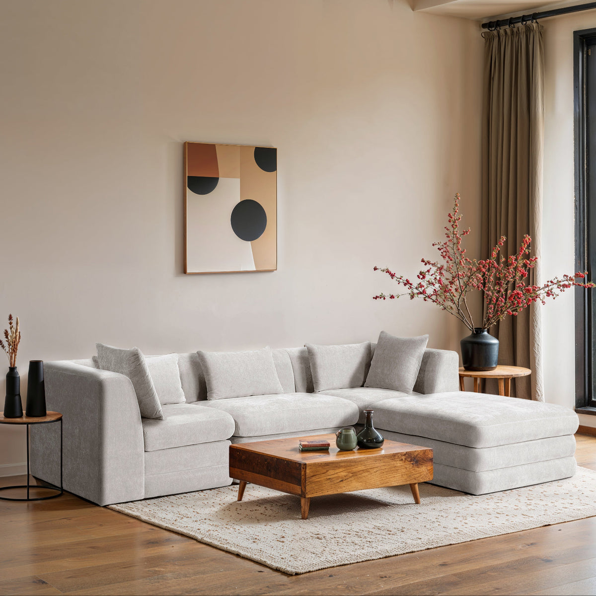 Stellar 114in Cream Chenille Fabric Upholstered 4 Piece Modular Sectional Sofa