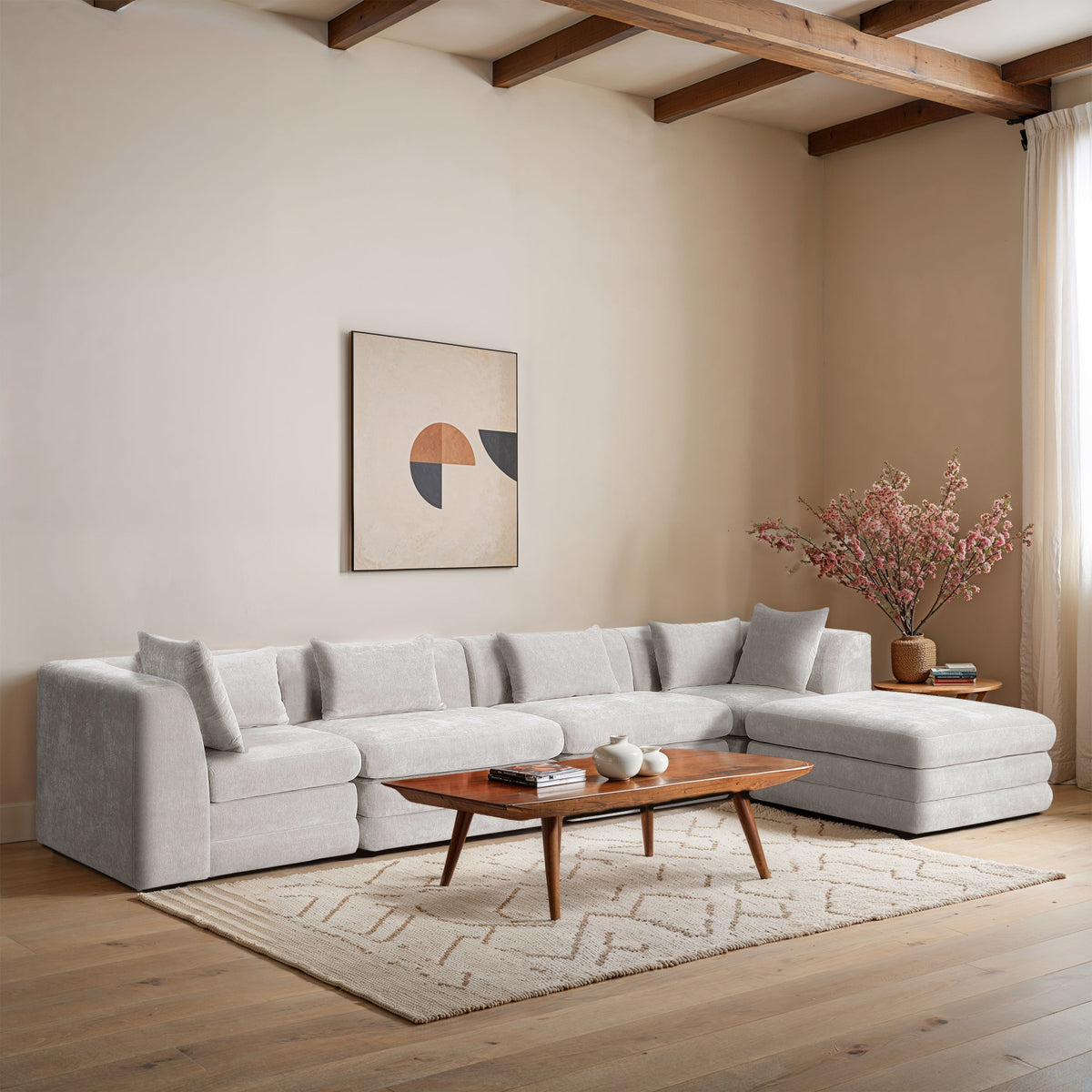 Stellar 152in Cream Chenille Fabric Upholstered 5 Piece Modular Sectional Sofa