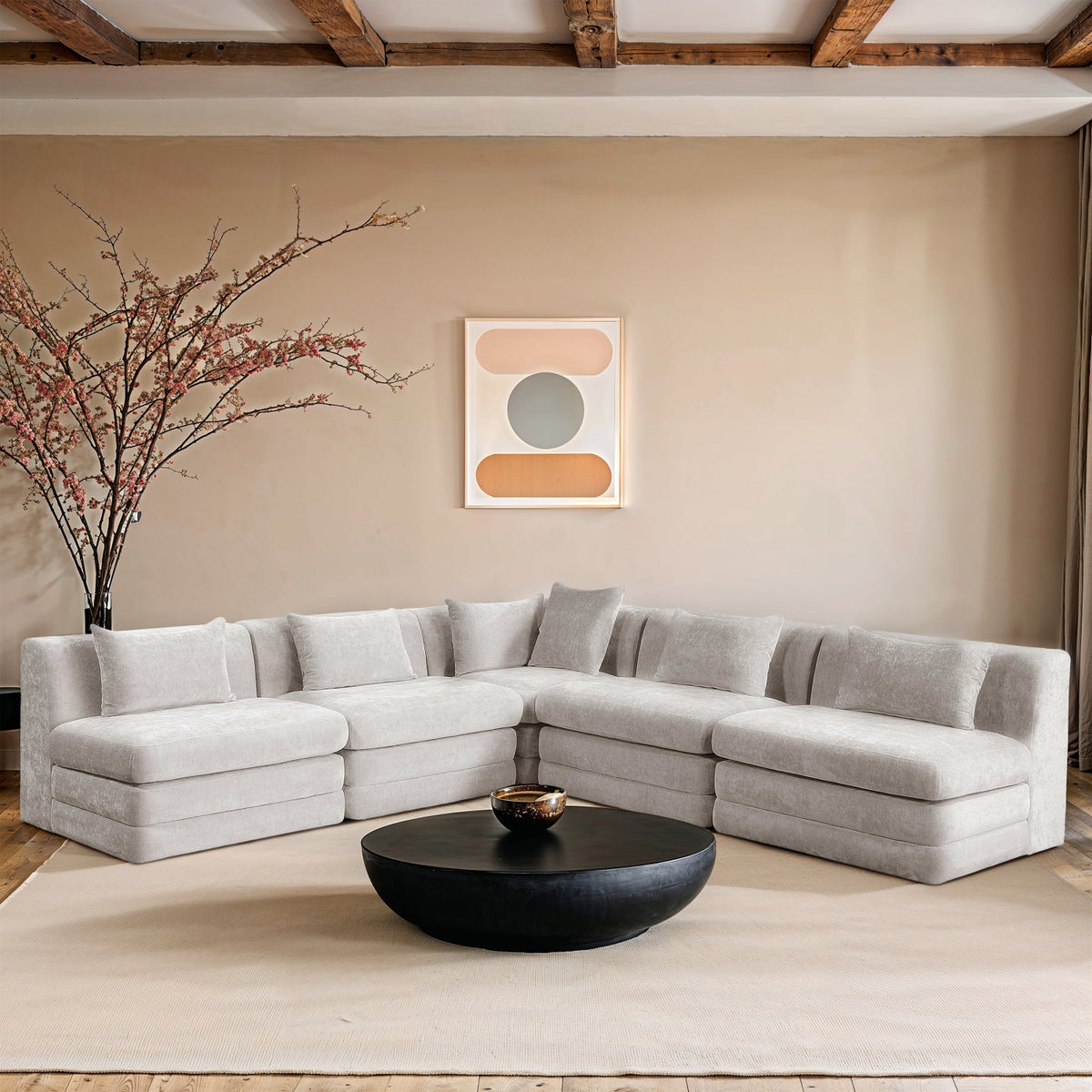 Stellar 114in Cream Chenille Fabric Upholstered 5 Piece Modular Sectional Sofa
