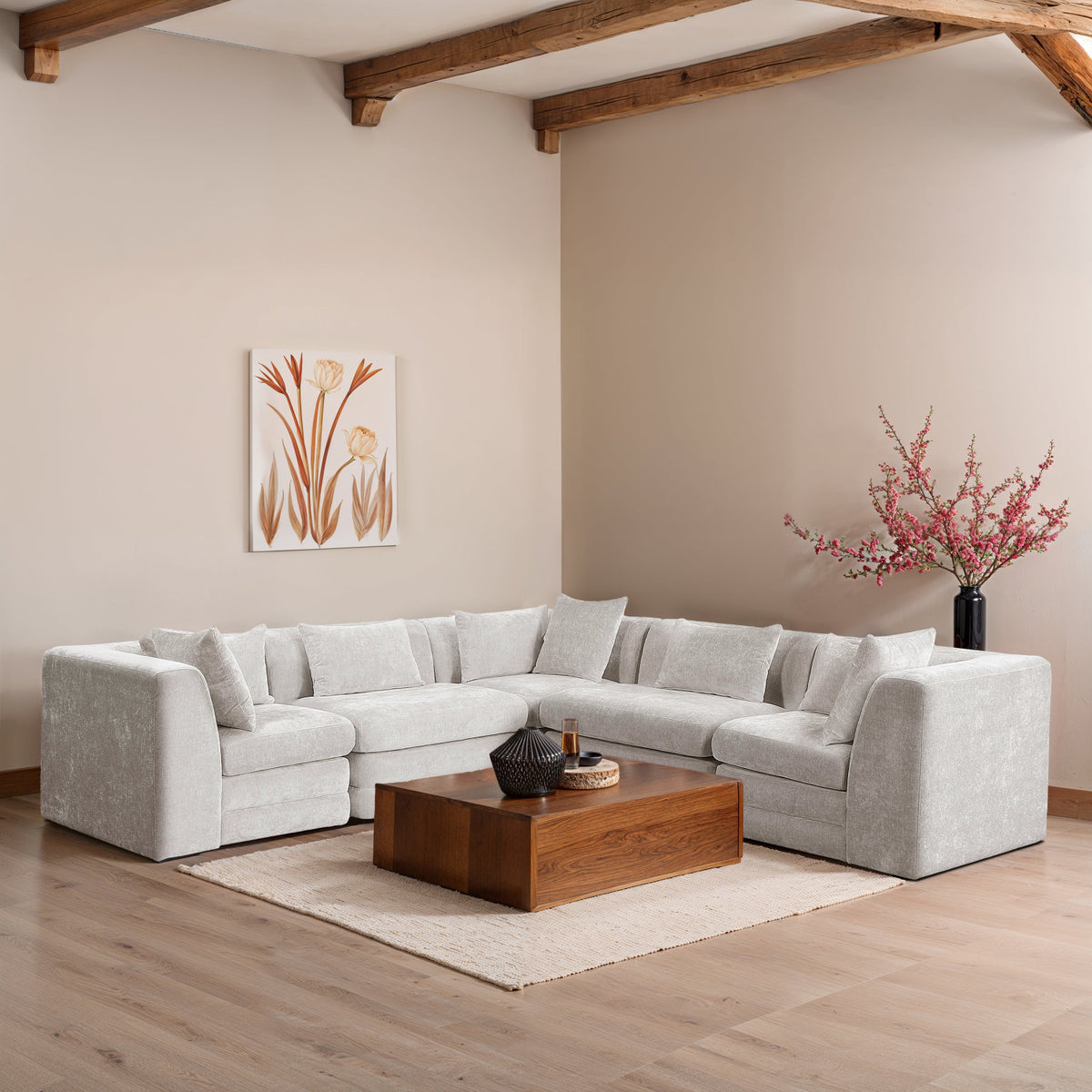 Stellar 114in Cream Chenille Fabric Upholstered 5 Piece Modular Sectional Sofa