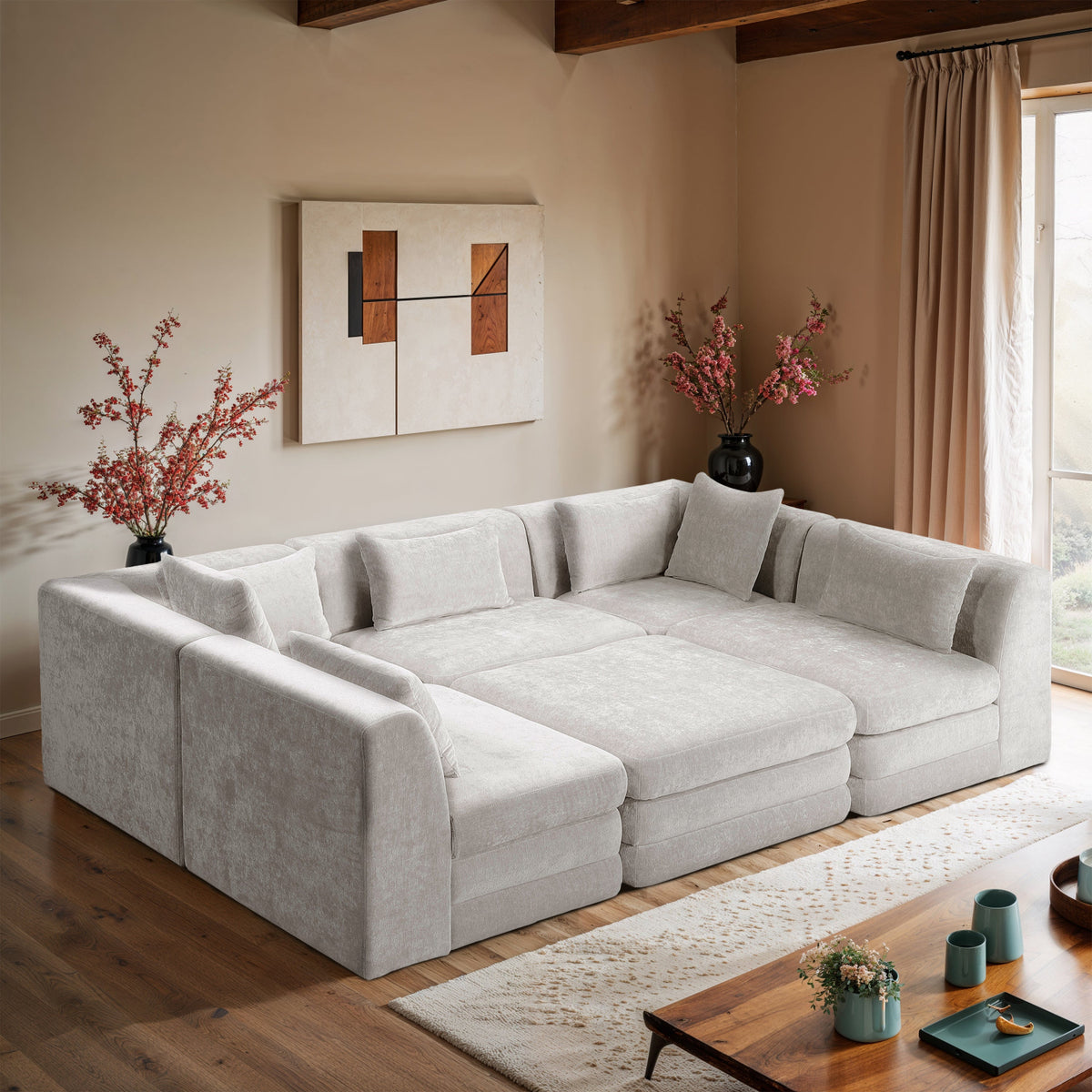 Stellar 114in Cream Chenille Fabric Upholstered 6 Piece Modular Sectional Sofa