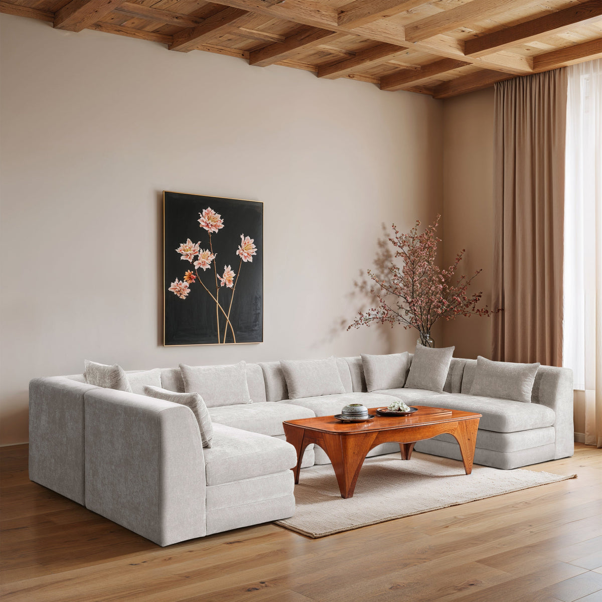 Stellar 152in Cream Chenille Fabric Upholstered 6 Piece Modular Sectional Sofa