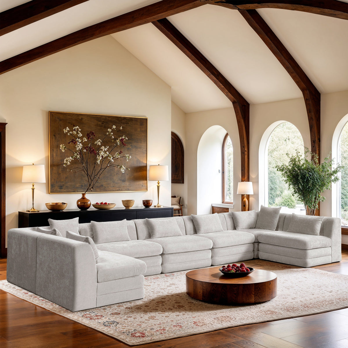 Stellar 190in Cream Chenille Fabric Upholstered 7 Piece Modular Sectional Sofa