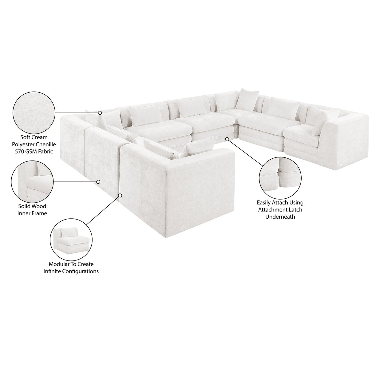 Stellar 152in Cream Chenille Fabric Upholstered 8 Piece Modular Sectional Sofa