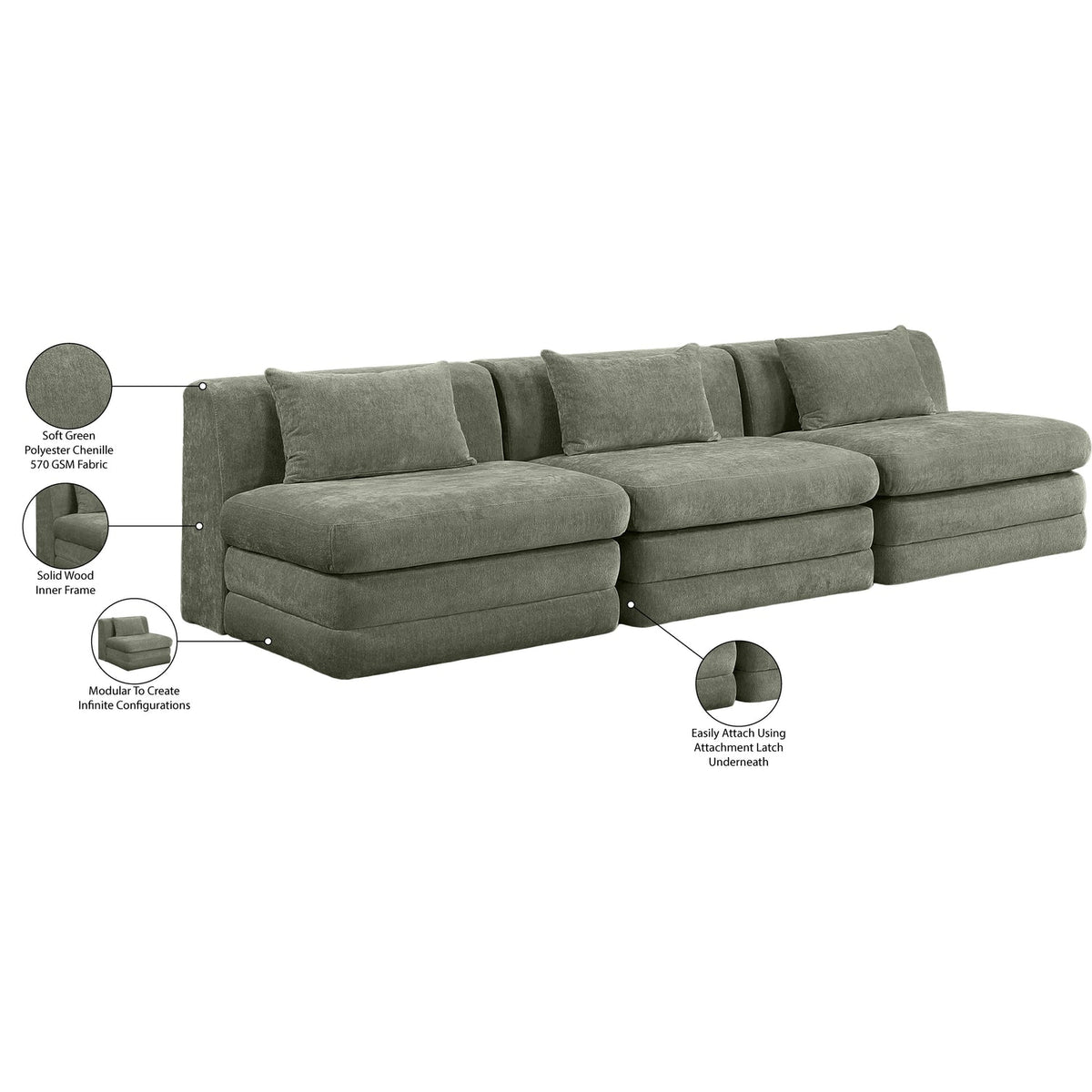 Stellar 114in Green Chenille Fabric Upholstered 3 Piece Modular Sofa