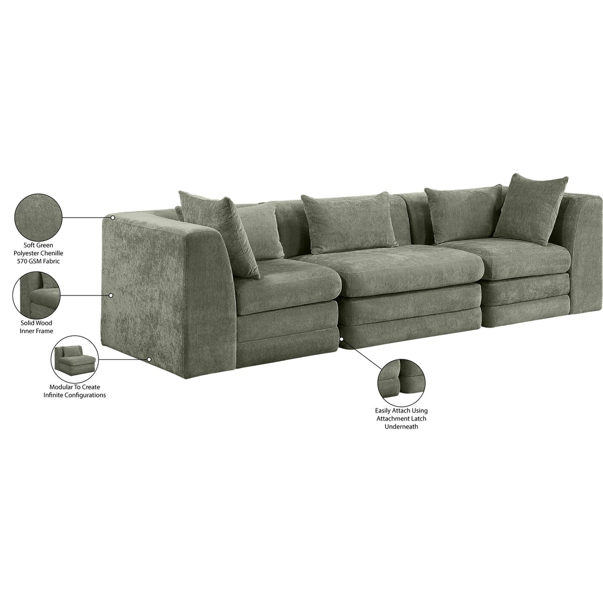 Stellar 114in Green Chenille Fabric Upholstered 3 Piece Modular Sofa