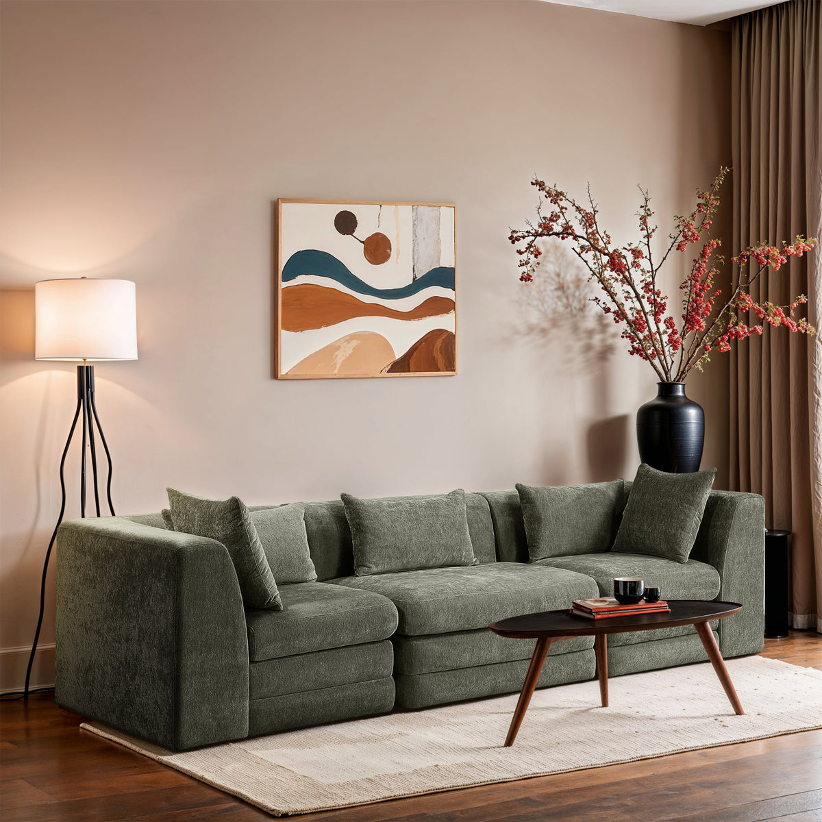 Stellar 114in Green Chenille Fabric Upholstered 3 Piece Modular Sofa