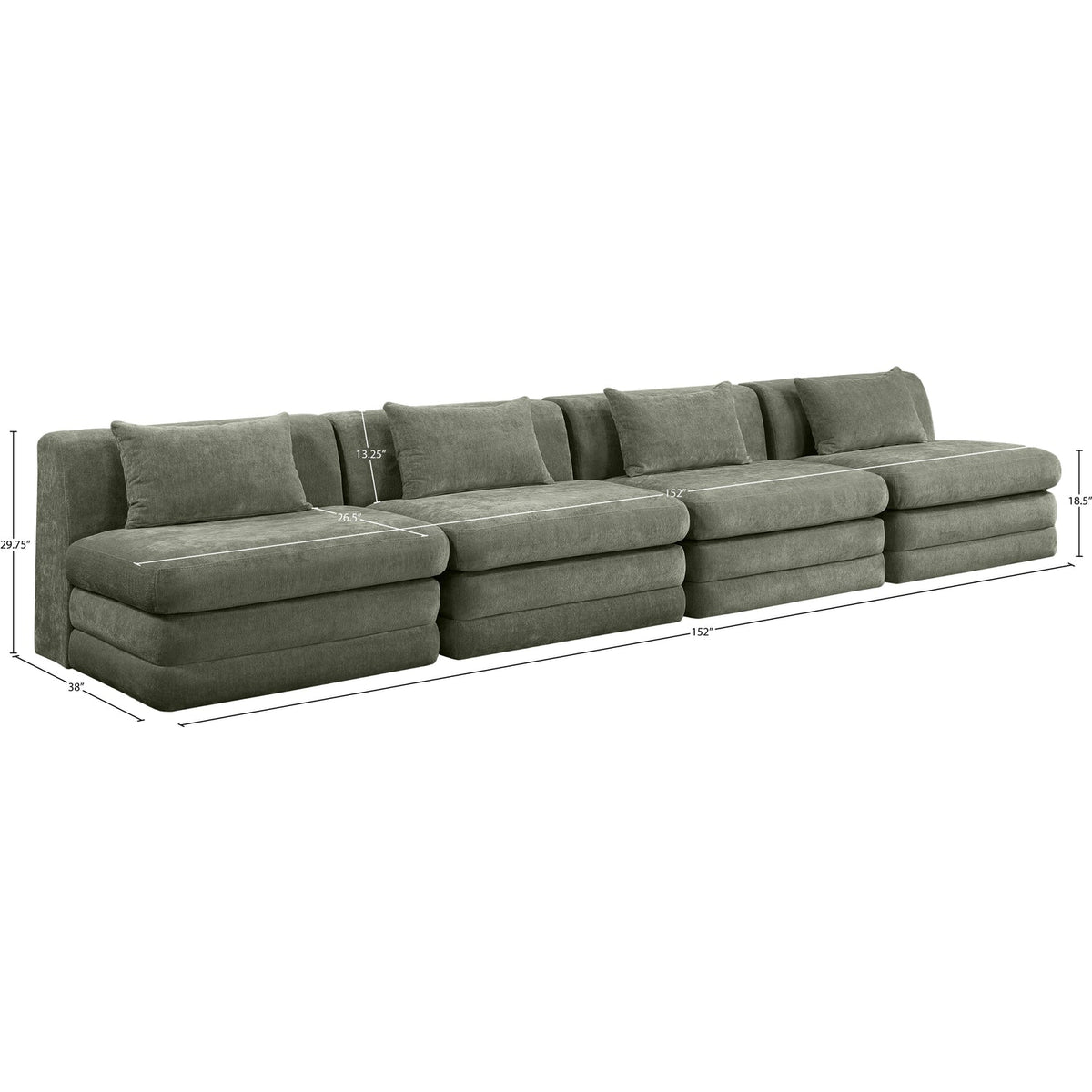 Stellar 152in Green Chenille Fabric Upholstered 4 Piece Modular Sofa