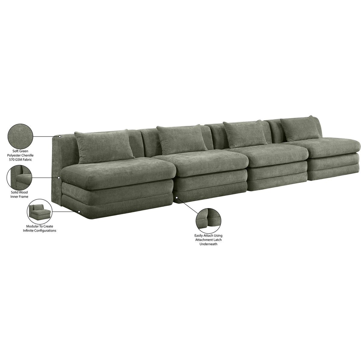 Stellar 152in Green Chenille Fabric Upholstered 4 Piece Modular Sofa