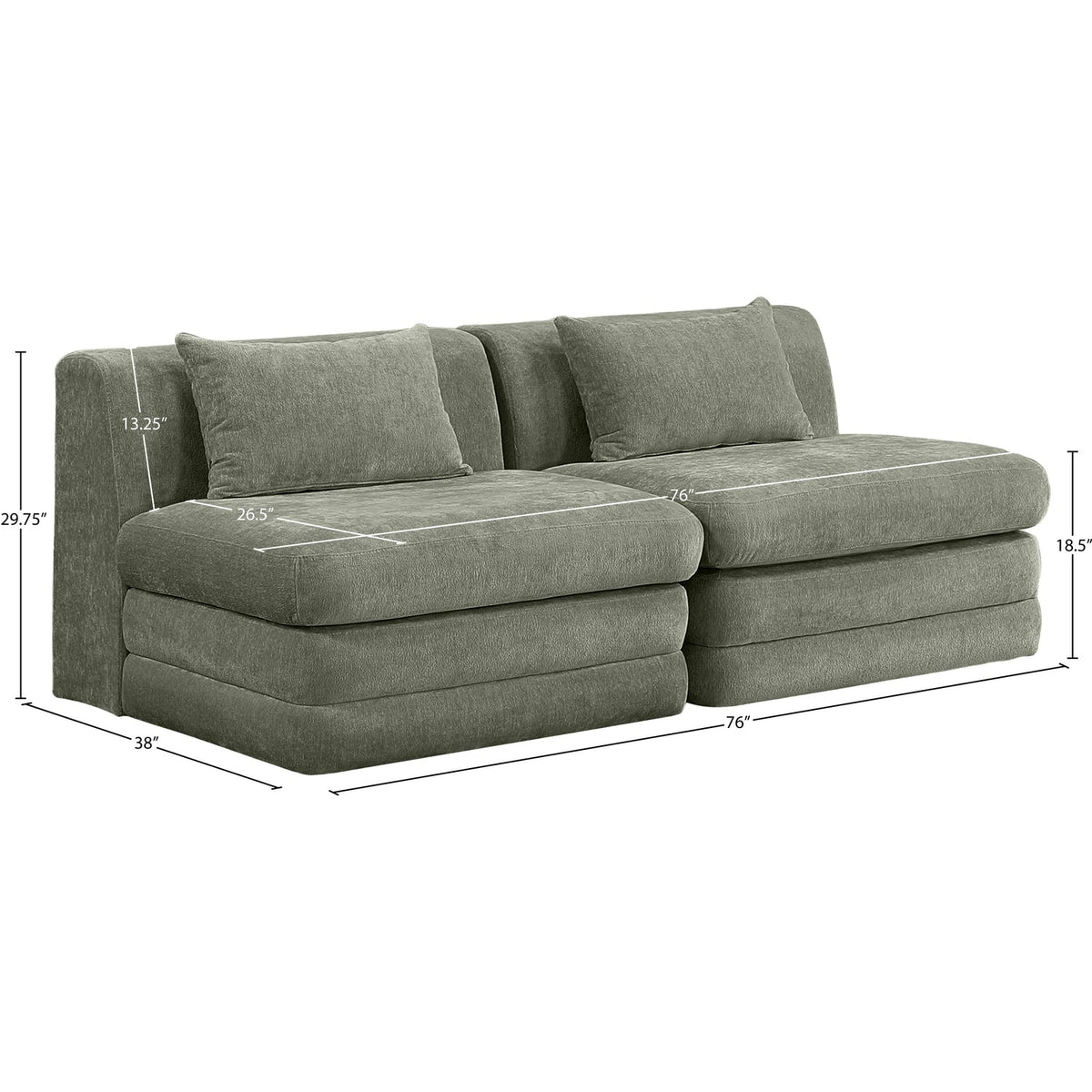 Stellar 76in Green Chenille Fabric Upholstered 2 Piece Modular Sofa