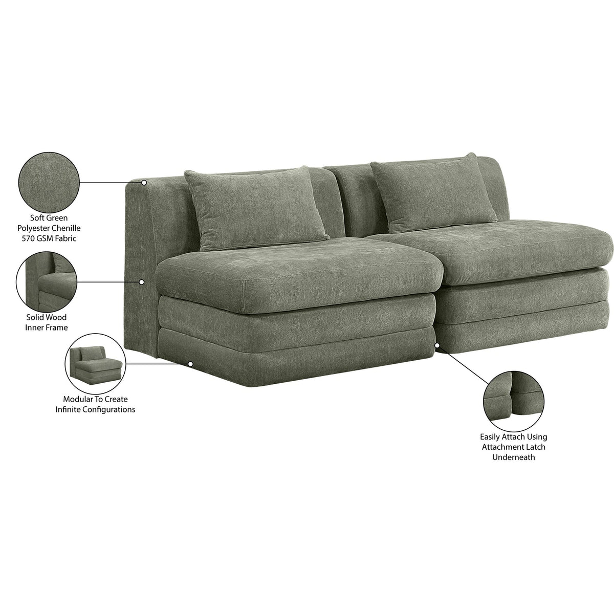 Stellar 76in Green Chenille Fabric Upholstered 2 Piece Modular Sofa