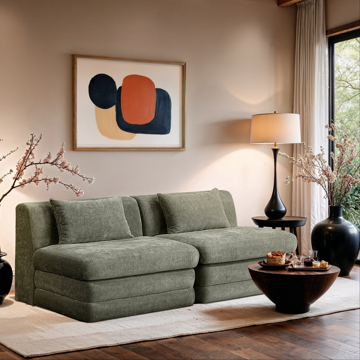 Stellar 76in Green Chenille Fabric Upholstered 2Piece Modular Sofa