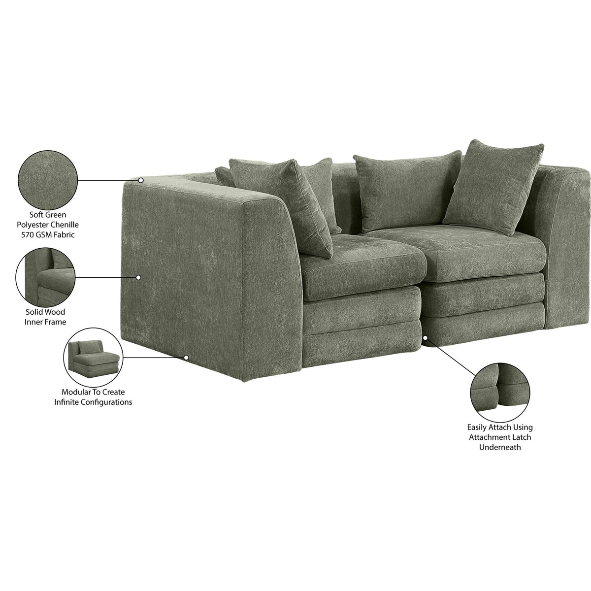 Stellar 76in Green Chenille Fabric Upholstered 2 Piece Modular Sofa