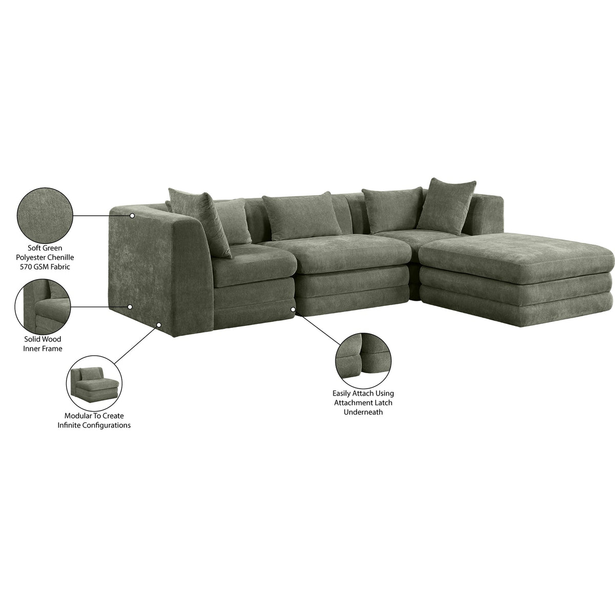 Stellar 114in Green Chenille Fabric Upholstered 4 Piece Modular Sectional Sofa