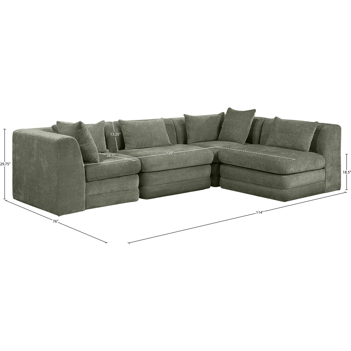 Stellar 114in Green Chenille Fabric Upholstered 4 Piece Modular Sectional Sofa