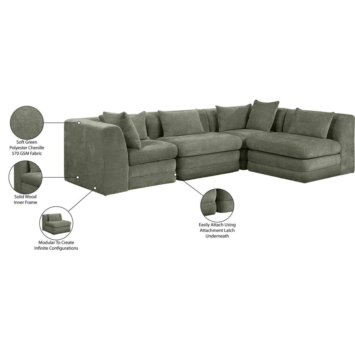 Stellar 114in Green Chenille Fabric Upholstered 4 Piece Modular Sectional Sofa