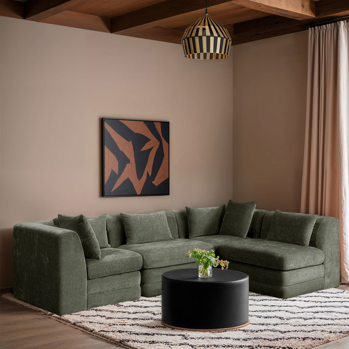 Stellar 114in Green Chenille Fabric Upholstered 4 Piece Modular Sectional Sofa