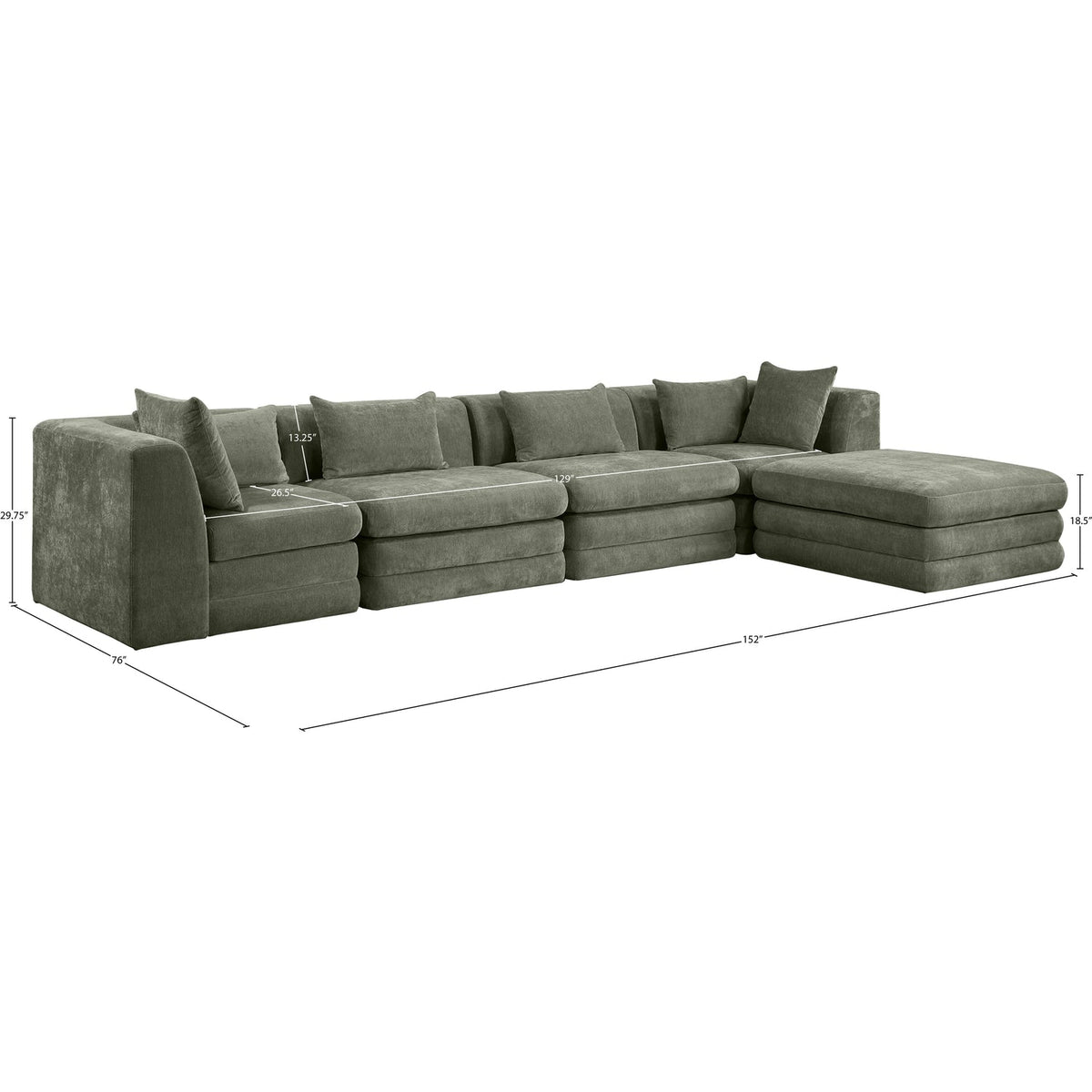 Stellar 152in Green Chenille Fabric Upholstered 5 Piece Modular Sectional Sofa