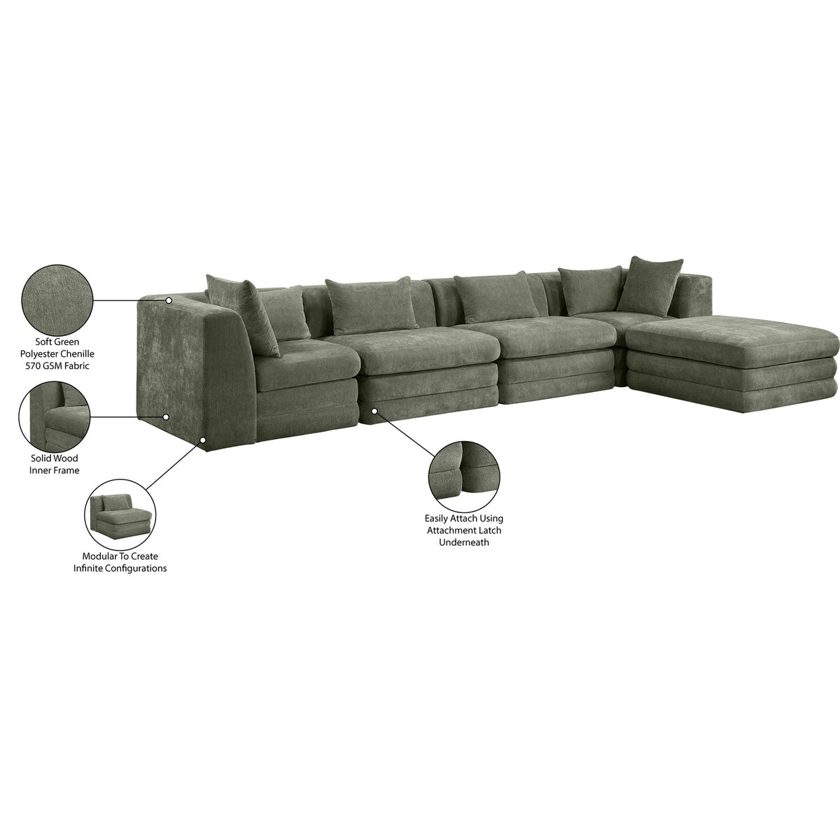 Stellar 152in Green Chenille Fabric Upholstered 5 Piece Modular Sectional Sofa