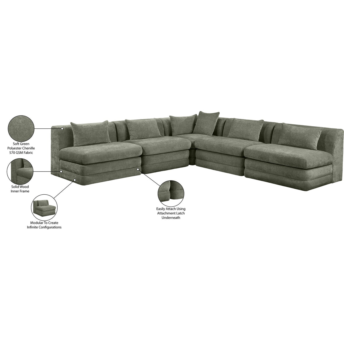 Stellar 114in Green Chenille Fabric Upholstered 5 Piece Modular Sectional Sofa