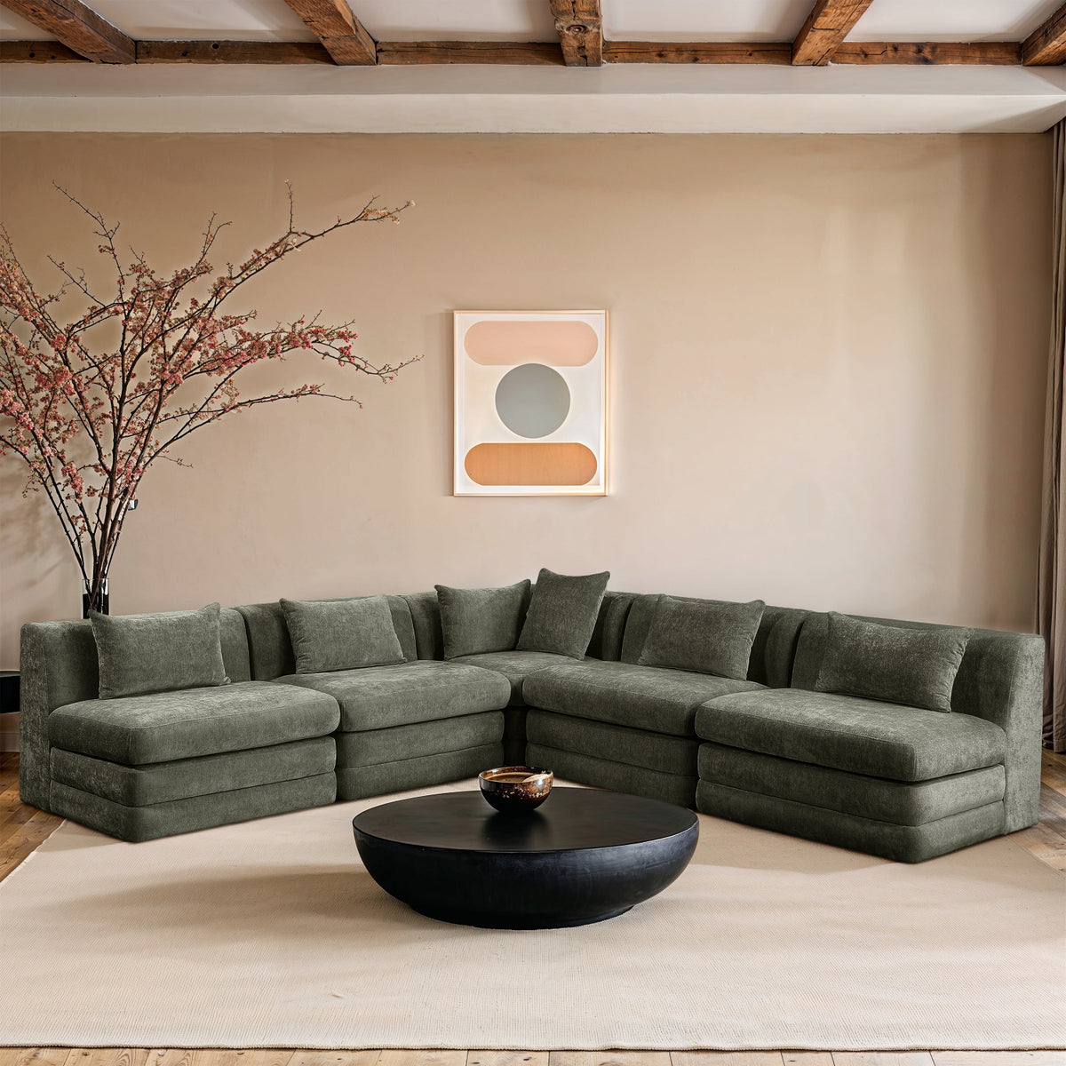 Stellar 114in Green Chenille Fabric Upholstered 5 Piece Modular Sectional Sofa