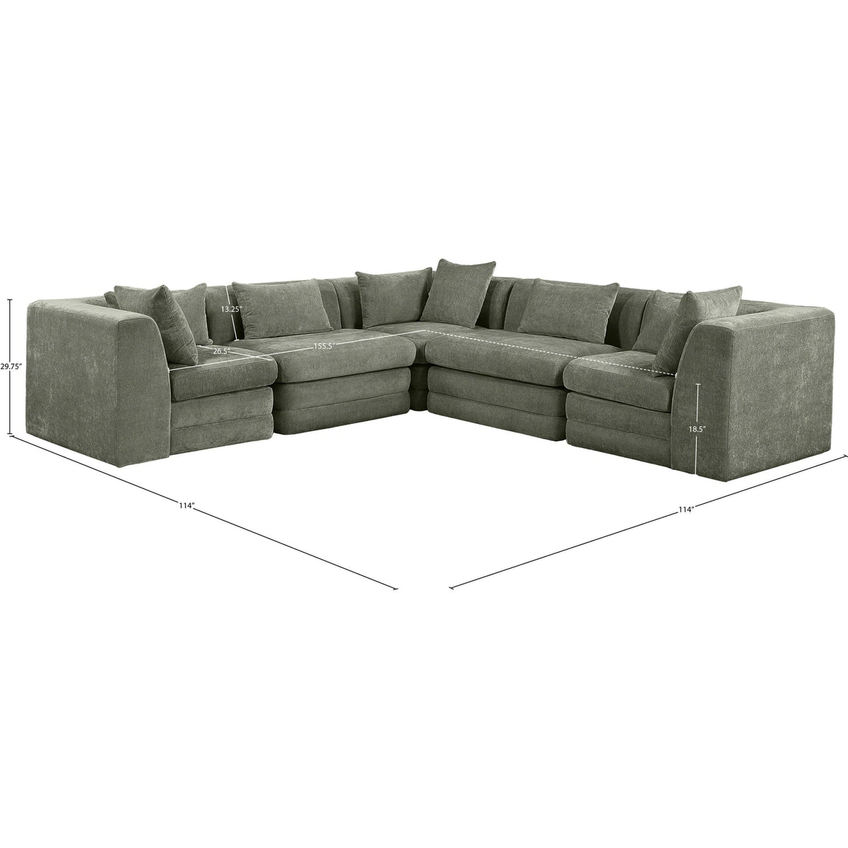 Stellar 114in Green Chenille Fabric Upholstered 5 Piece Modular Sectional Sofa