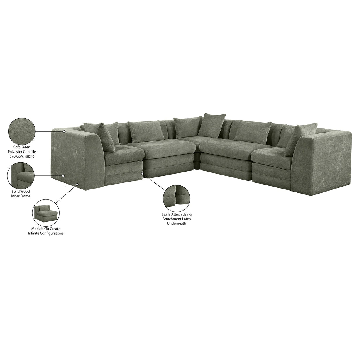Stellar 114in Green Chenille Fabric Upholstered 5 Piece Modular Sectional Sofa