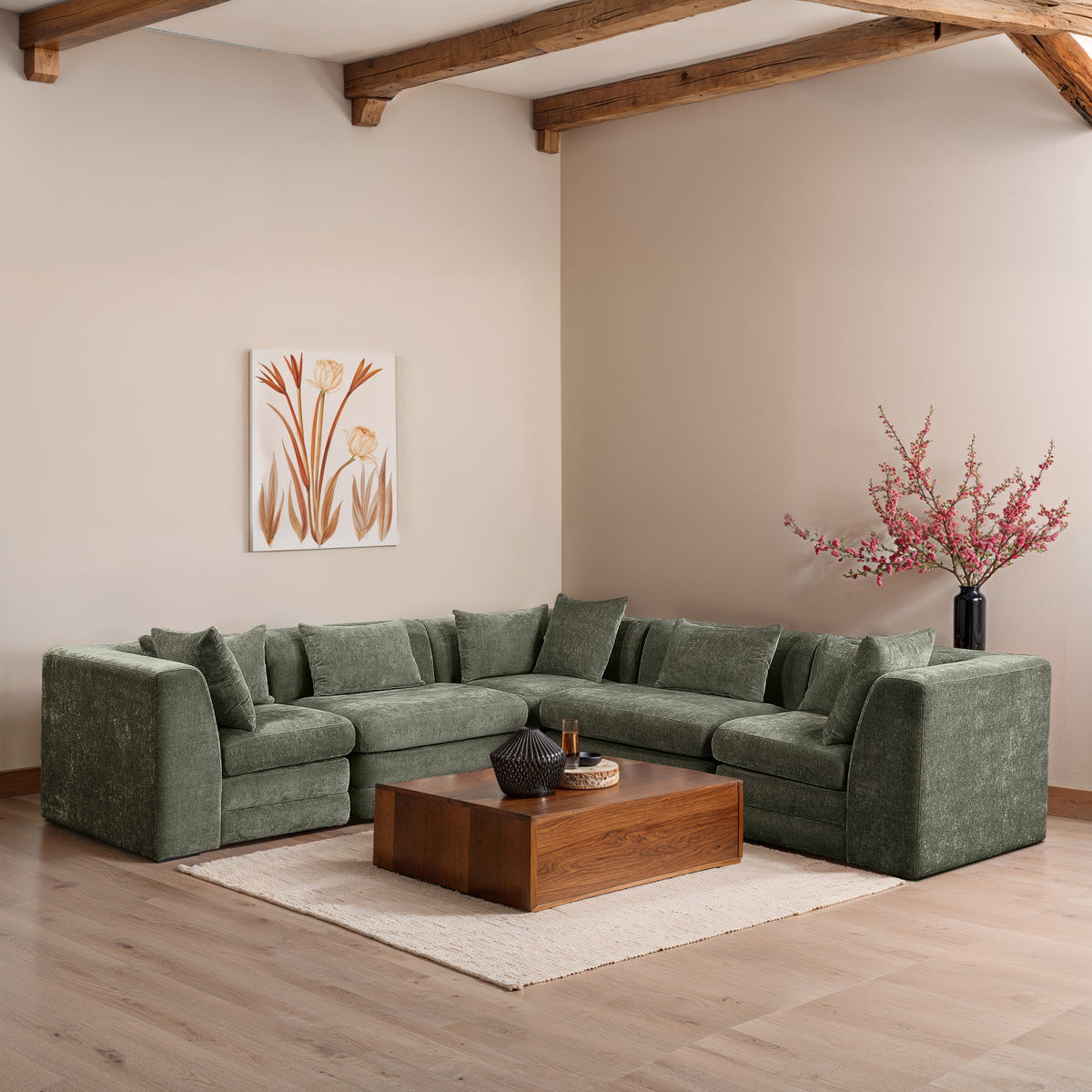 Stellar 114in Green Chenille Fabric Upholstered 5 Piece Modular Sectional Sofa