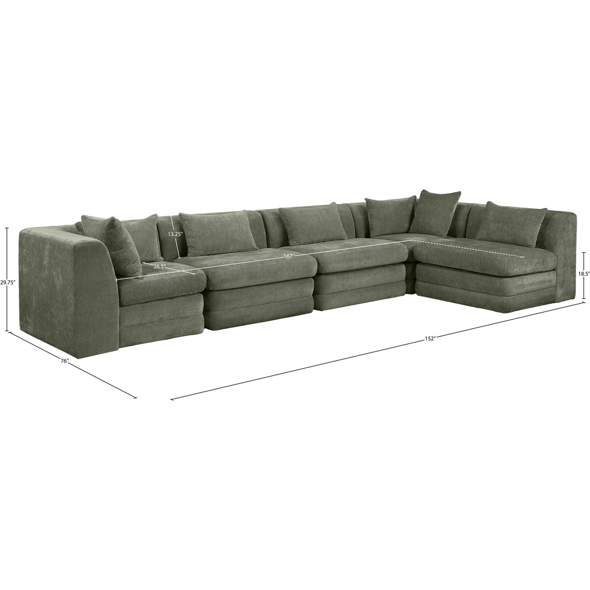 Stellar 152in Green Chenille Fabric Upholstered 5 Piece Modular Sectional Sofa