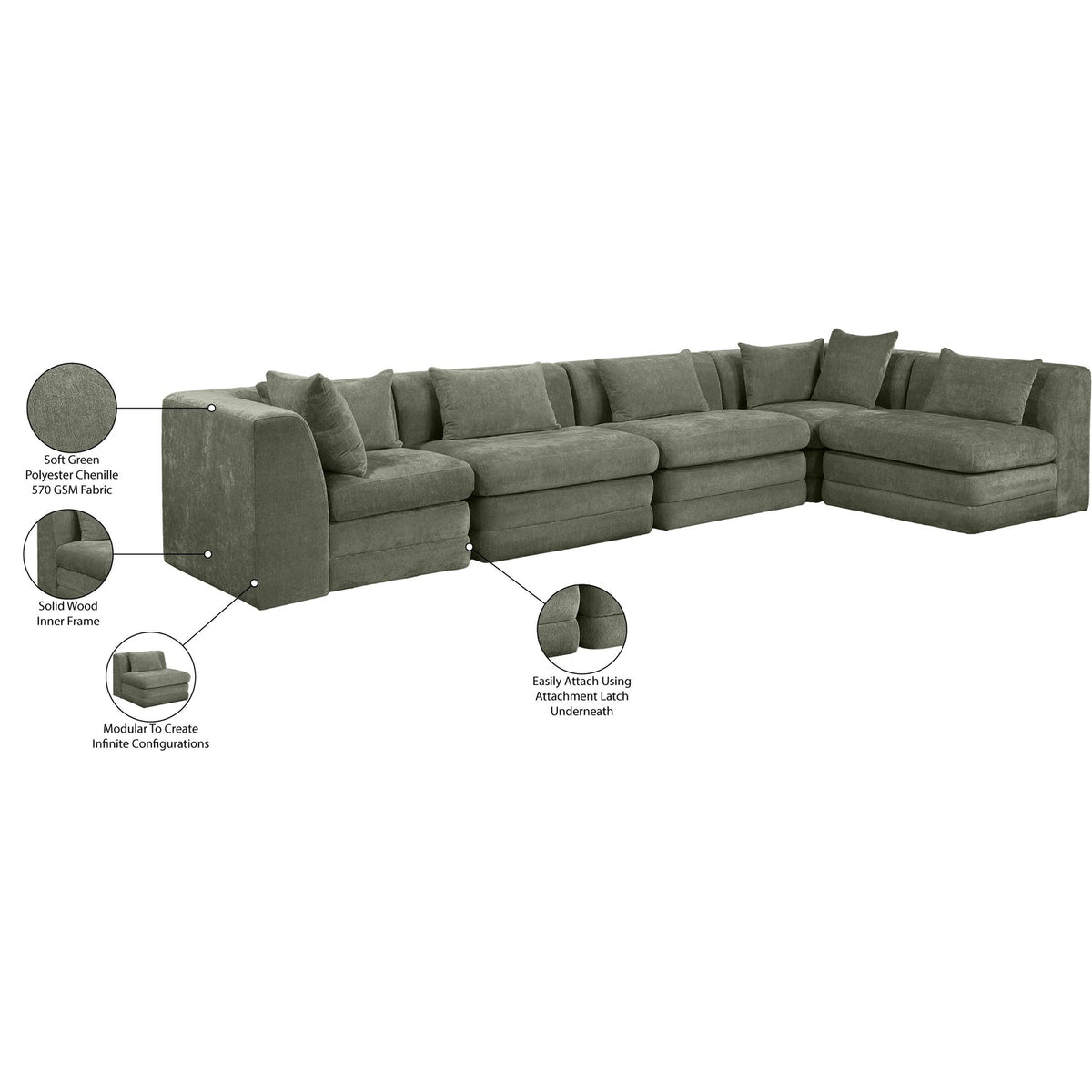 Stellar 152in Green Chenille Fabric Upholstered 5 Piece Modular Sectional Sofa