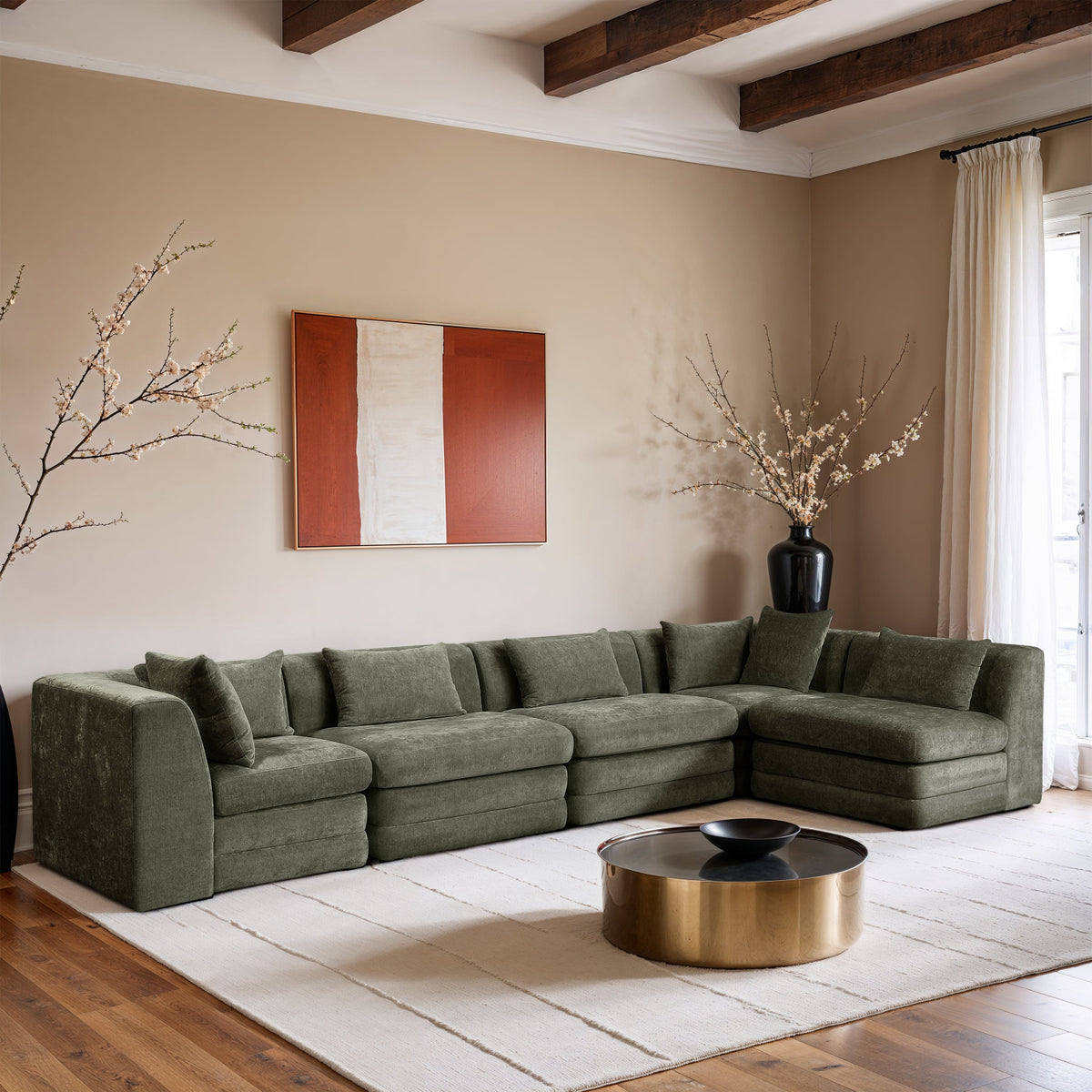 Stellar 152in Green Chenille Fabric Upholstered 5 Piece Modular Sectional Sofa