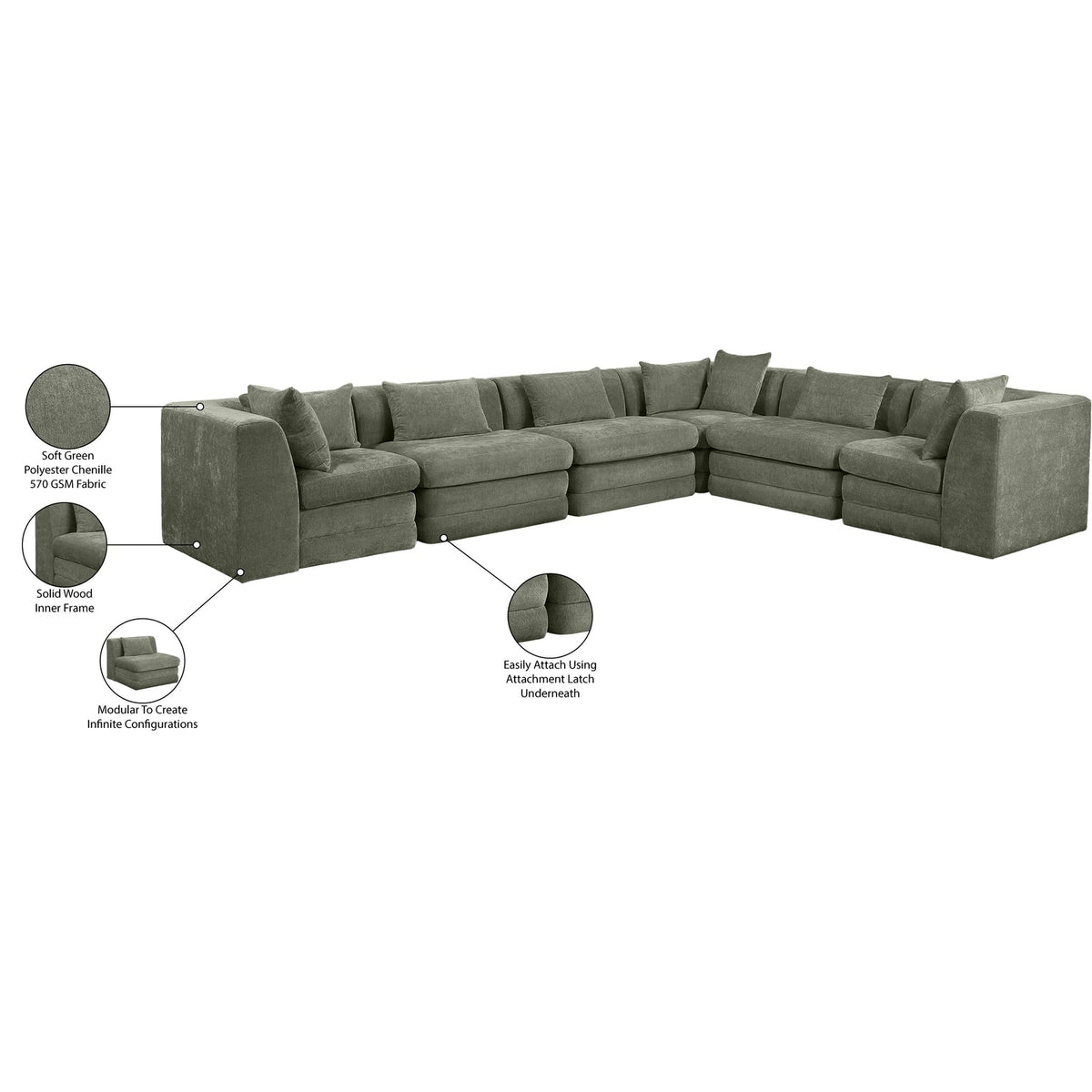 Stellar 152in Green Chenille Fabric Upholstered 6 Piece Modular Sectional Sofa
