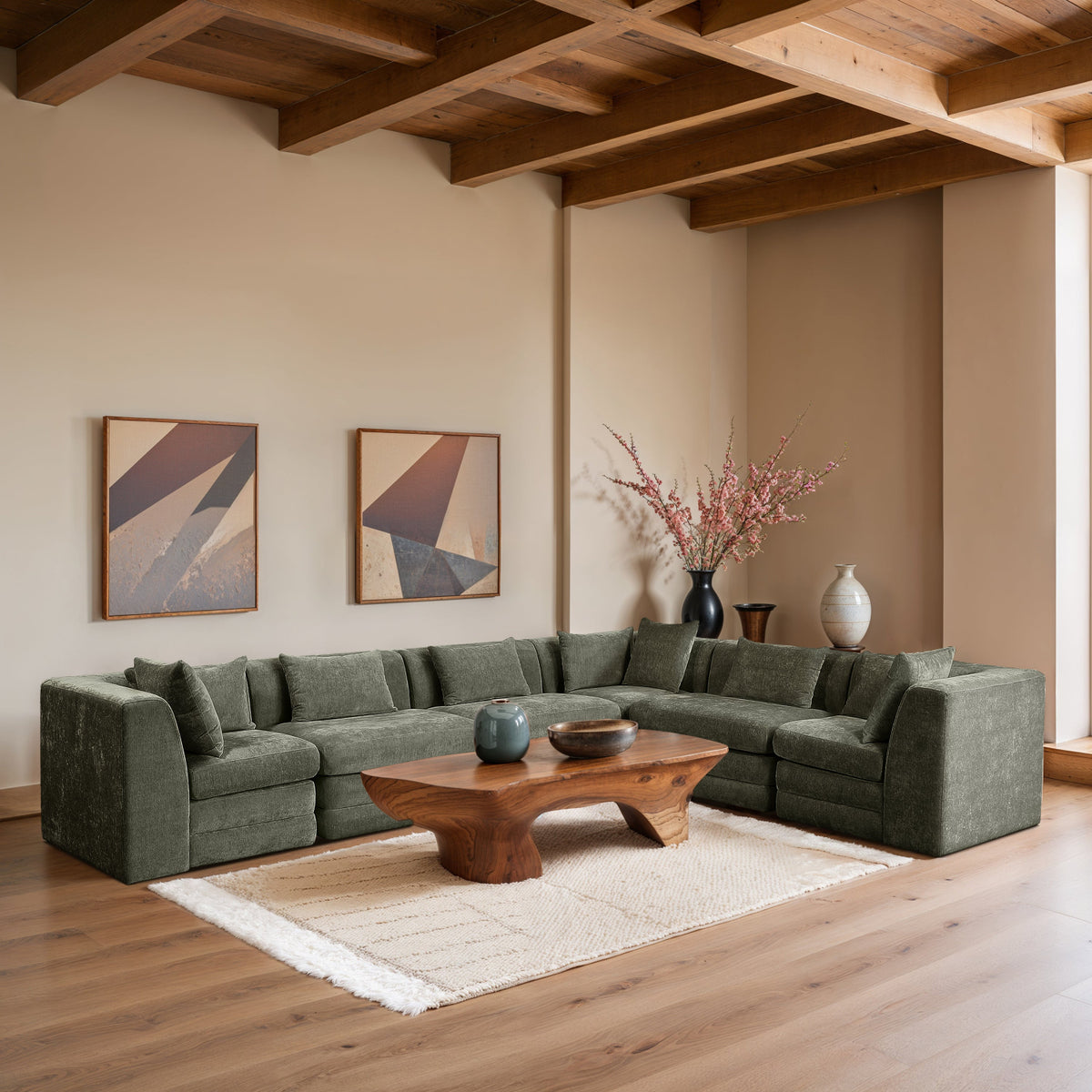 Stellar 152in Green Chenille Fabric Upholstered 6 Piece Modular Sectional Sofa