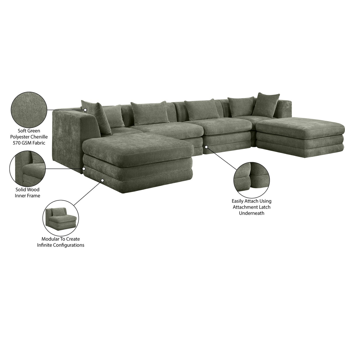 Stellar 152in Green Chenille Fabric Upholstered 6 Piece Modular Sectional Sofa